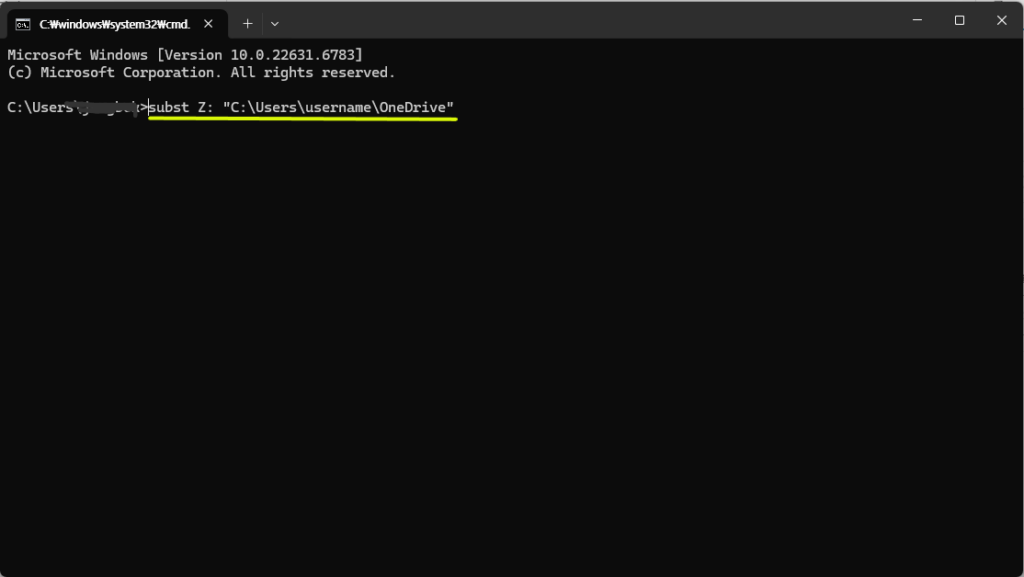 subst 명령어를 입력하여 경로를 가상 드라이브에 맵핑합니다. 