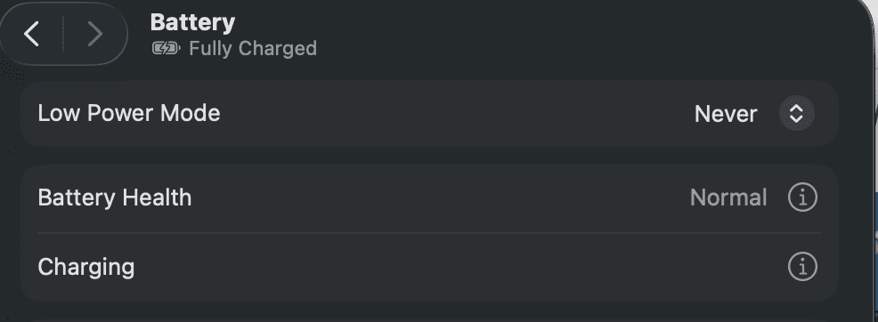 충전 설정 옆에 i 모양 버튼 클릭