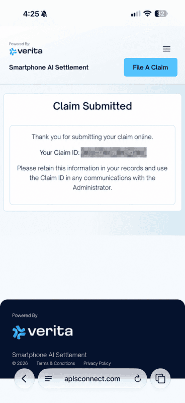 Claim Submitted confirmation with the private claim number hidden.