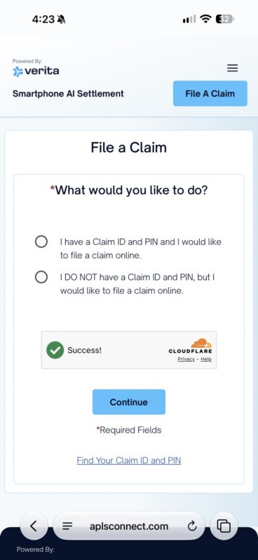 Choosing whether you have a Claim ID and PIN.
